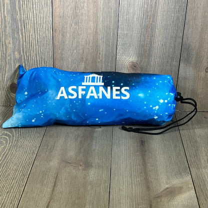 ASFANES pet camping tent in navy blue compactly packed, ideal for outdoor adventures with small pets.