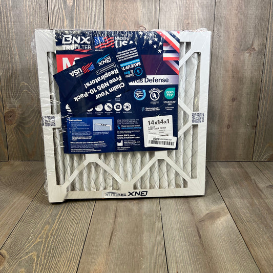 BNX TruFilter 14x14x1 MERV 13 air filter in packaging, highlighting USA-made quality and advanced allergen defense.