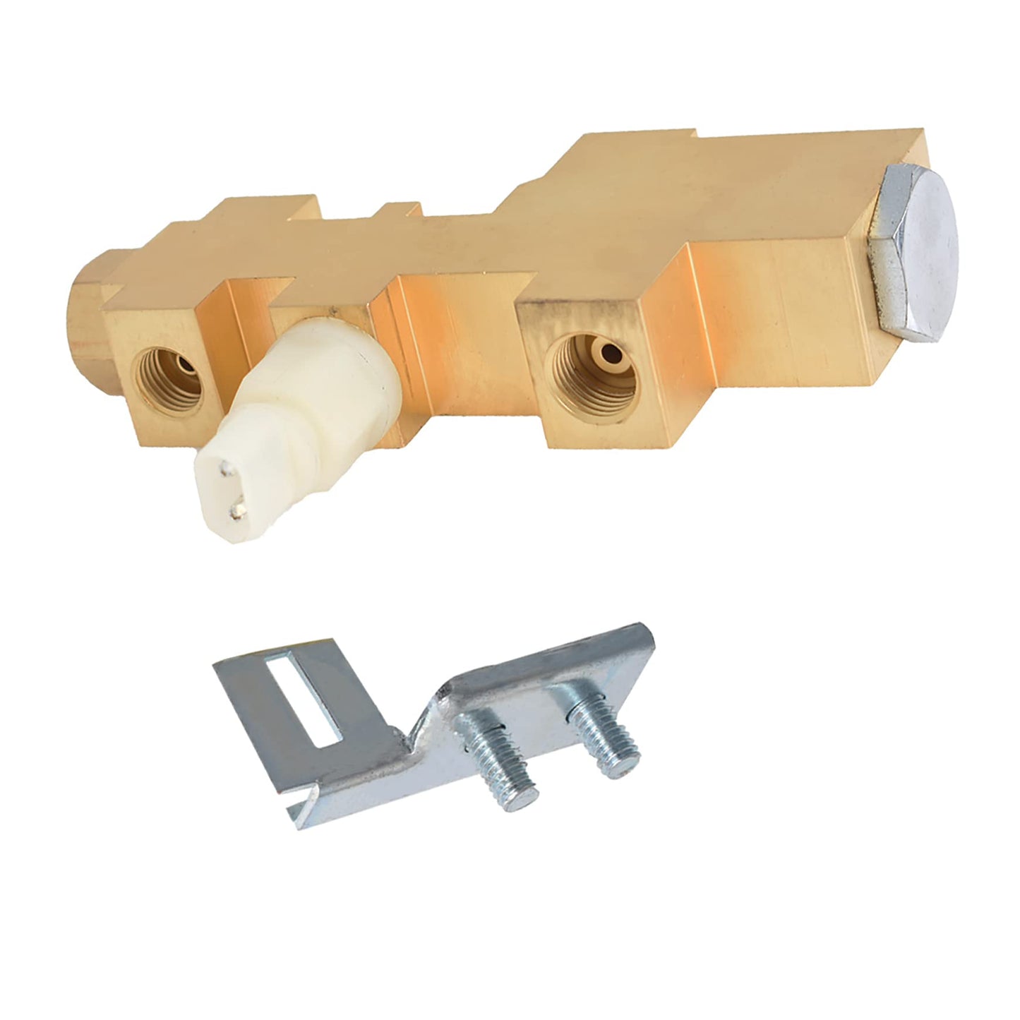 Brass brake proportioning valve for Ford Mustang 1964-1970, includes mounting bracket and fittings.