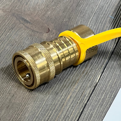 CSA certified natural gas hose quick connect fitting, showcasing durable brass construction on a wooden surface.
