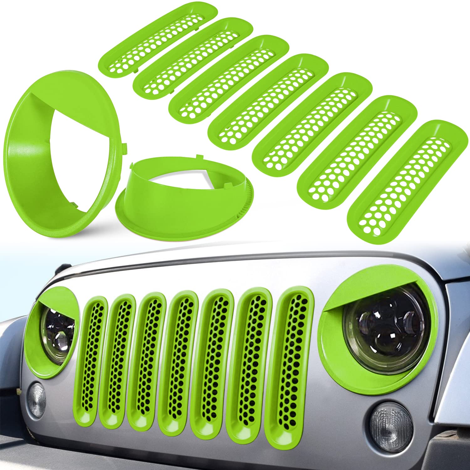 Matte green grille inserts and headlight covers for 2007-2017 Jeep Wrangler, enhancing style and protection.