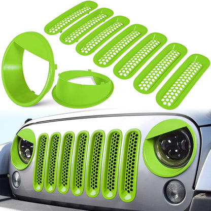 Matte green grille inserts and headlight covers for 2007-2017 Jeep Wrangler, enhancing style and protection.
