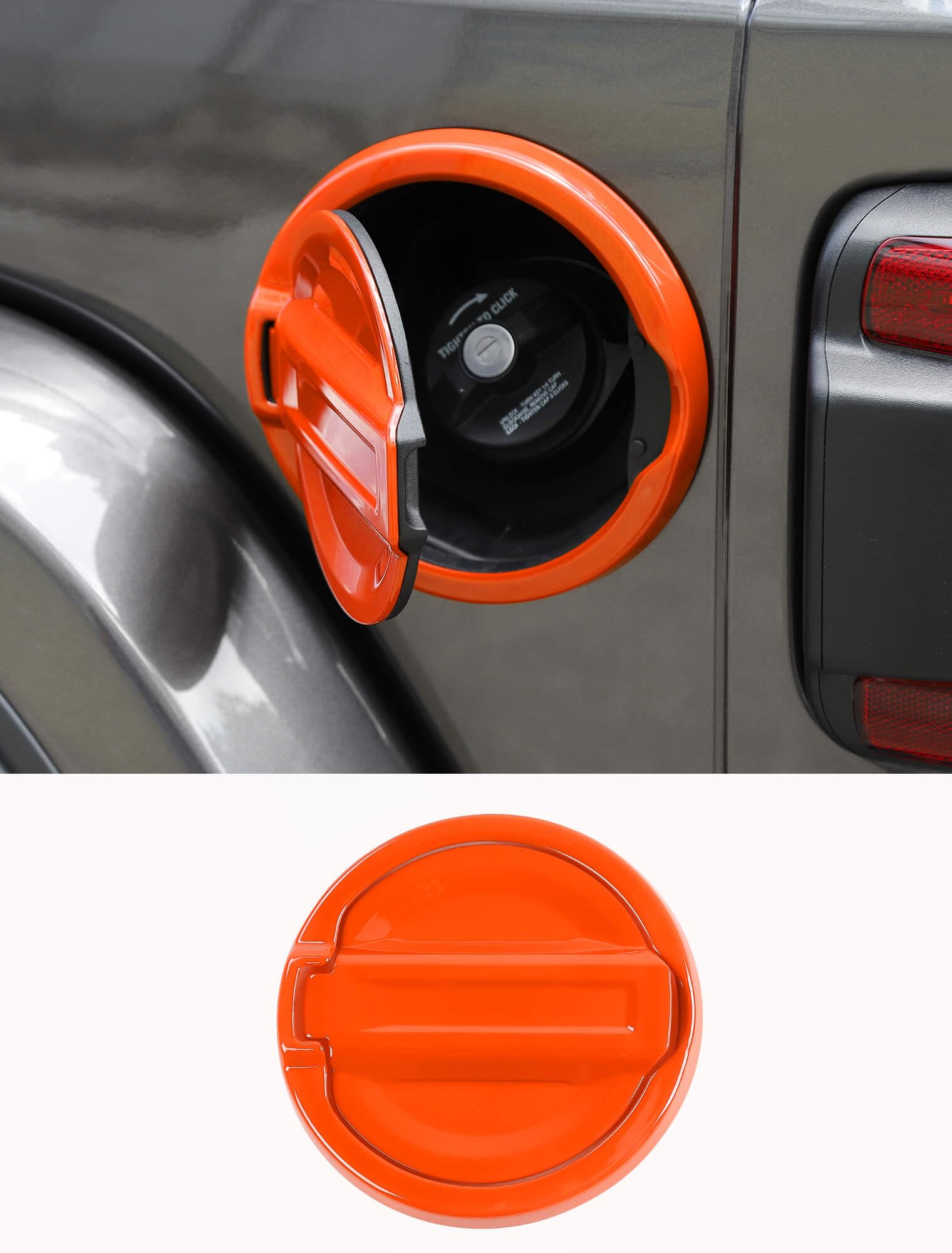 Orange fuel door trim on Jeep Wrangler, enhancing exterior with stylish gas cap accent for JL JLU 4xe & Gladiator JT.