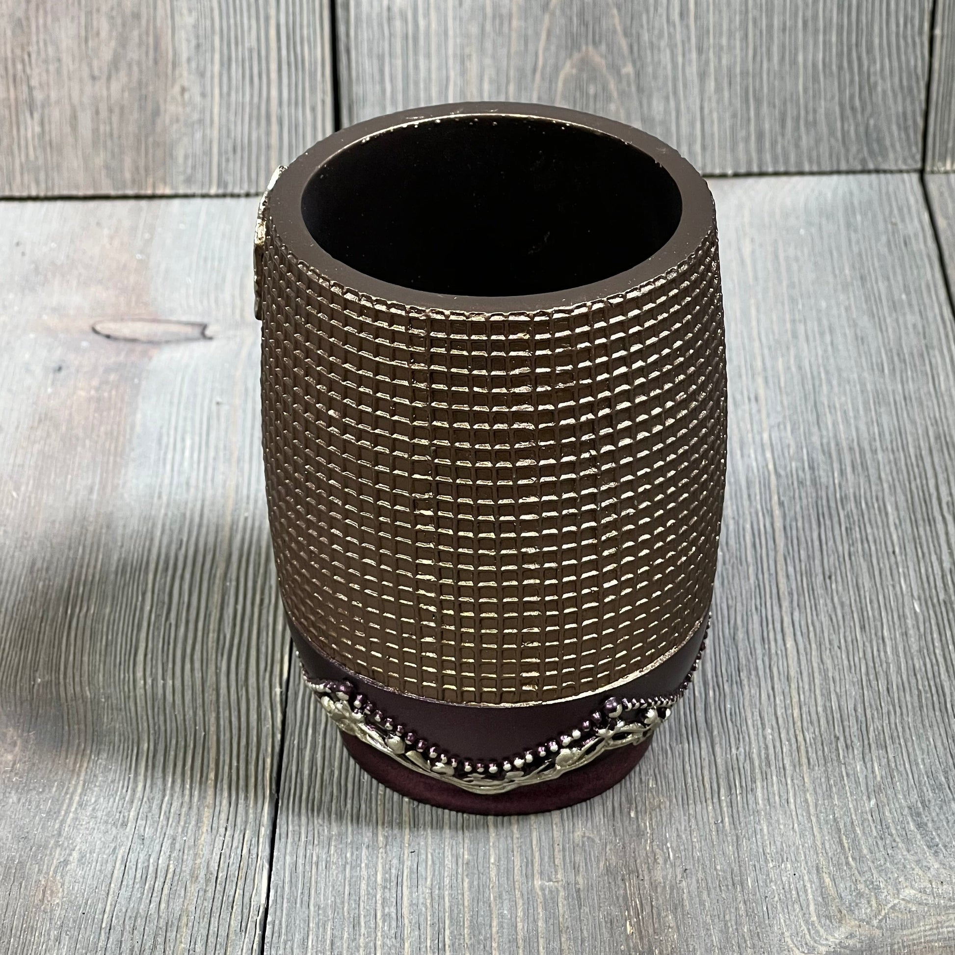 Burgundy tumbler with textured design, featuring ombre rose accents, from Popular Bath collection. Stylish bathroom accessory.