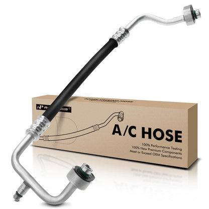 Premium A/C discharge line hose for Jeep Wrangler 2007-2011, V6 3.8L, shown with packaging, compressor to condenser.