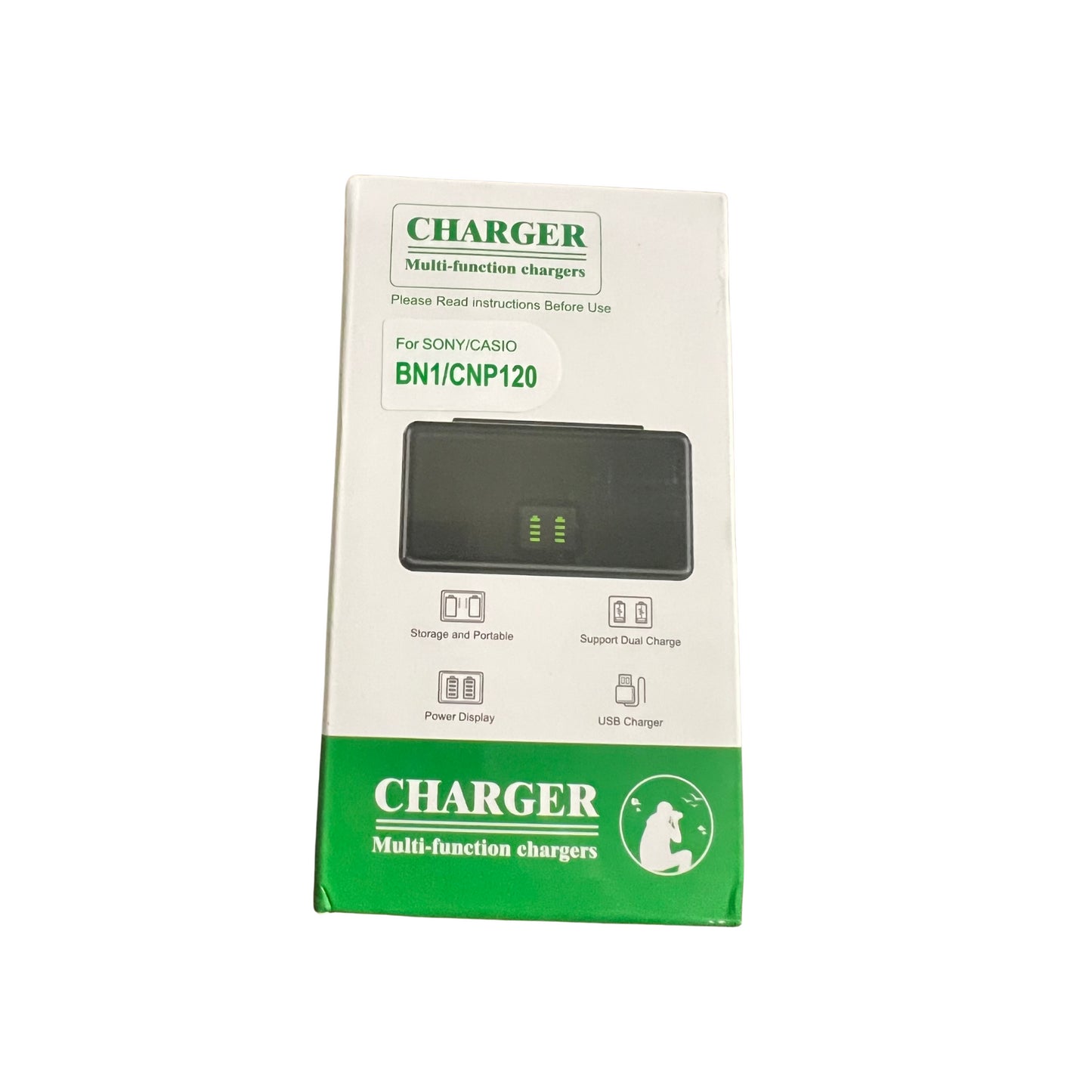 Dual charger package for Sony NP-BN1 batteries, featuring storage, power display, and USB support.