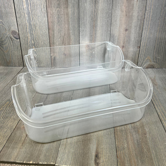 Two clear refrigerator door bins, model 1046027441, compatible with Frigi.daire LFSS2612TF0, 15.38" by AMI PARTS.