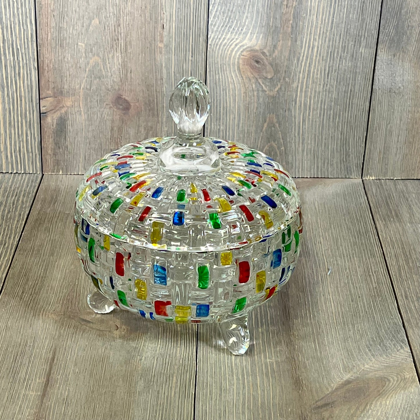 Colorful crystal candy jar with lid, featuring vibrant mosaic design, perfect for festive Christmas decor and candy storage.