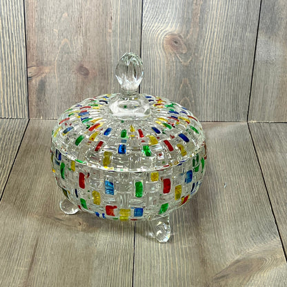 Colorful crystal candy jar with lid, featuring vibrant mosaic design, perfect for festive Christmas decor and candy storage.