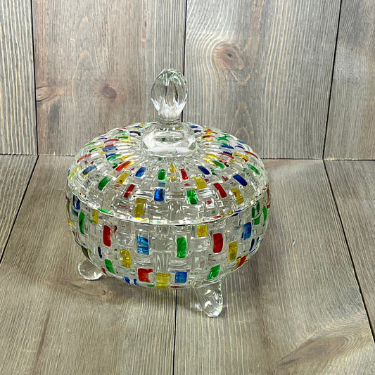 Colorful crystal candy jar with lid, featuring vibrant mosaic design, perfect for festive Christmas decor and candy storage.