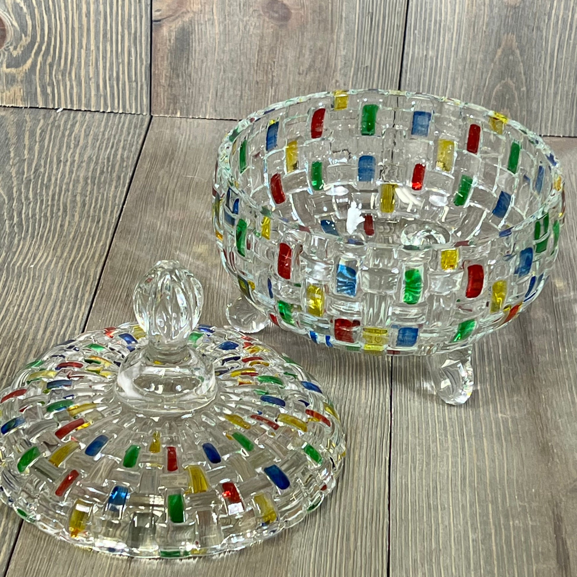 Colorful crystal candy jar with lid, featuring vibrant mosaic design, perfect for Christmas treats and decor, 24 oz capacity.