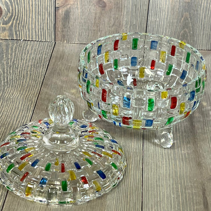 Colorful crystal candy jar with lid, featuring vibrant mosaic design, perfect for Christmas treats and decor, 24 oz capacity.