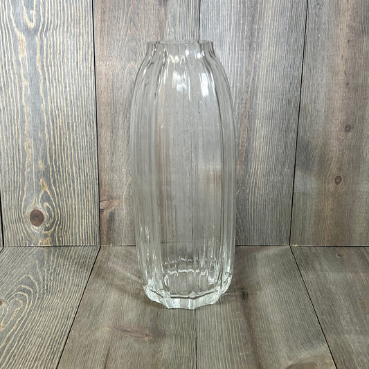 Large clear glass vase with simple striped design, perfect for farmhouse decor and centerpiece arrangements.