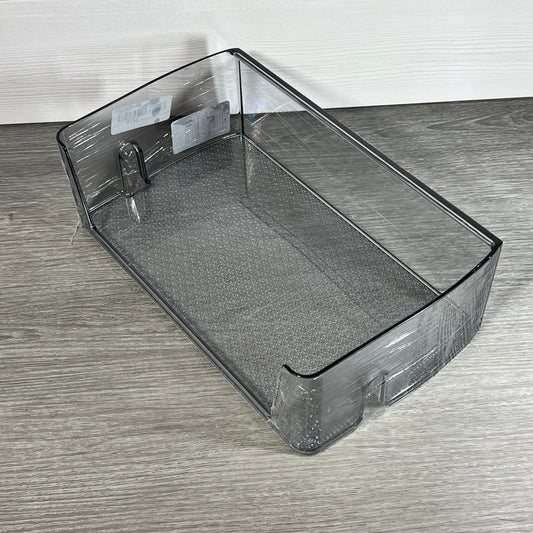 Clear replacement door shelf bin for Samsung refrigerators, model DA97-21912A, displayed on a wooden surface.