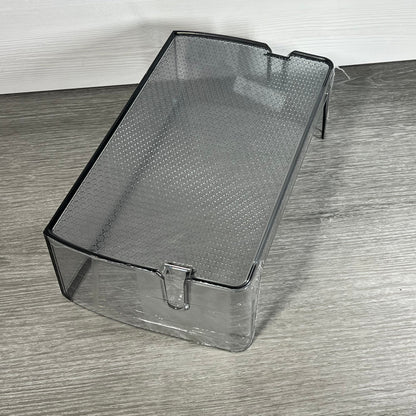 Clear replacement shelf bin for Samsung refrigerators, model DA97-21912A, shown on a wooden surface.