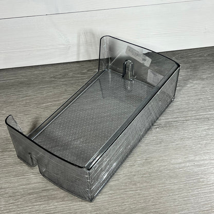 Clear Samsung compatible refrigerator door shelf bin replacement on wooden surface.