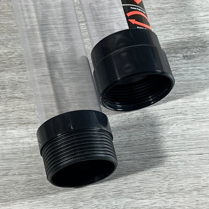Close-up of 36-inch plastic tube ends for golf ball retriever tool, highlighting durable construction and threading.