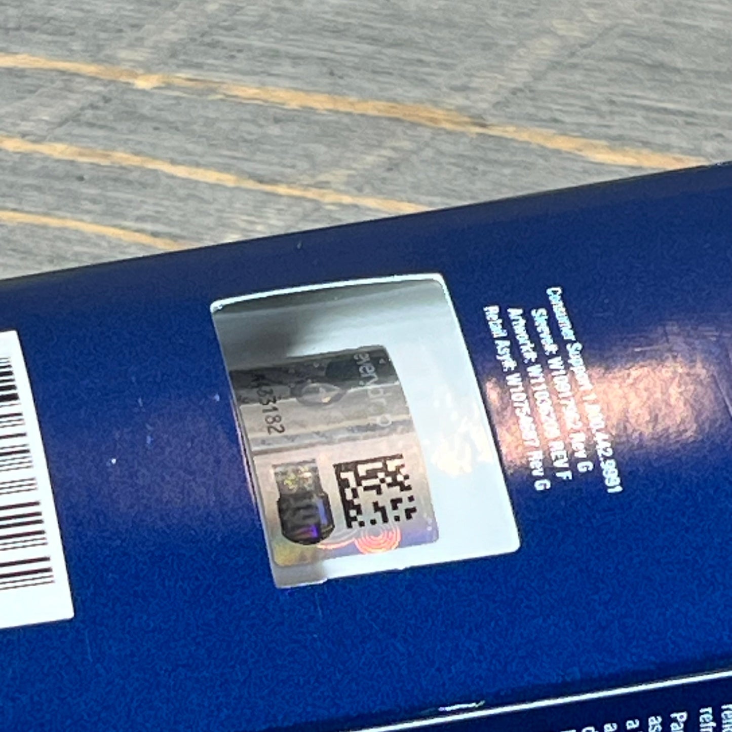 Close-up of everydrop® by Whirlpool Ice and Water Refrigerator Filter 3 packaging, showcasing QR code and product details.