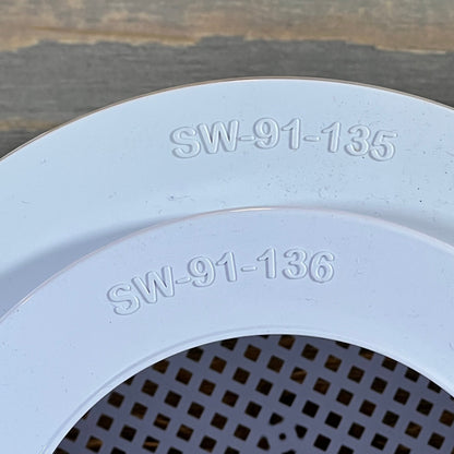 Close-up of the DPM R38013A 2024 HD pool skimmer basket rim, showcasing embossed part numbers SW-91-135 and SW-91-136.