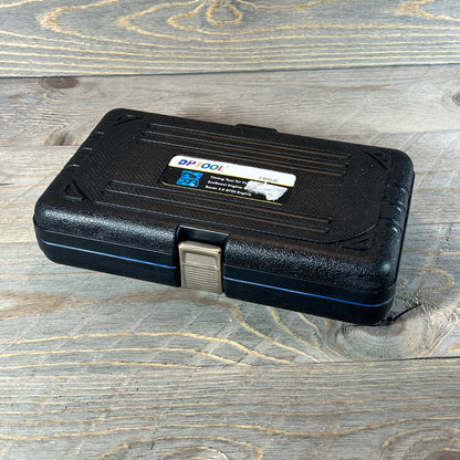 Compact black carrying case for DPTOOL Engine Camshaft Timing Lock Tool Set on wooden surface.