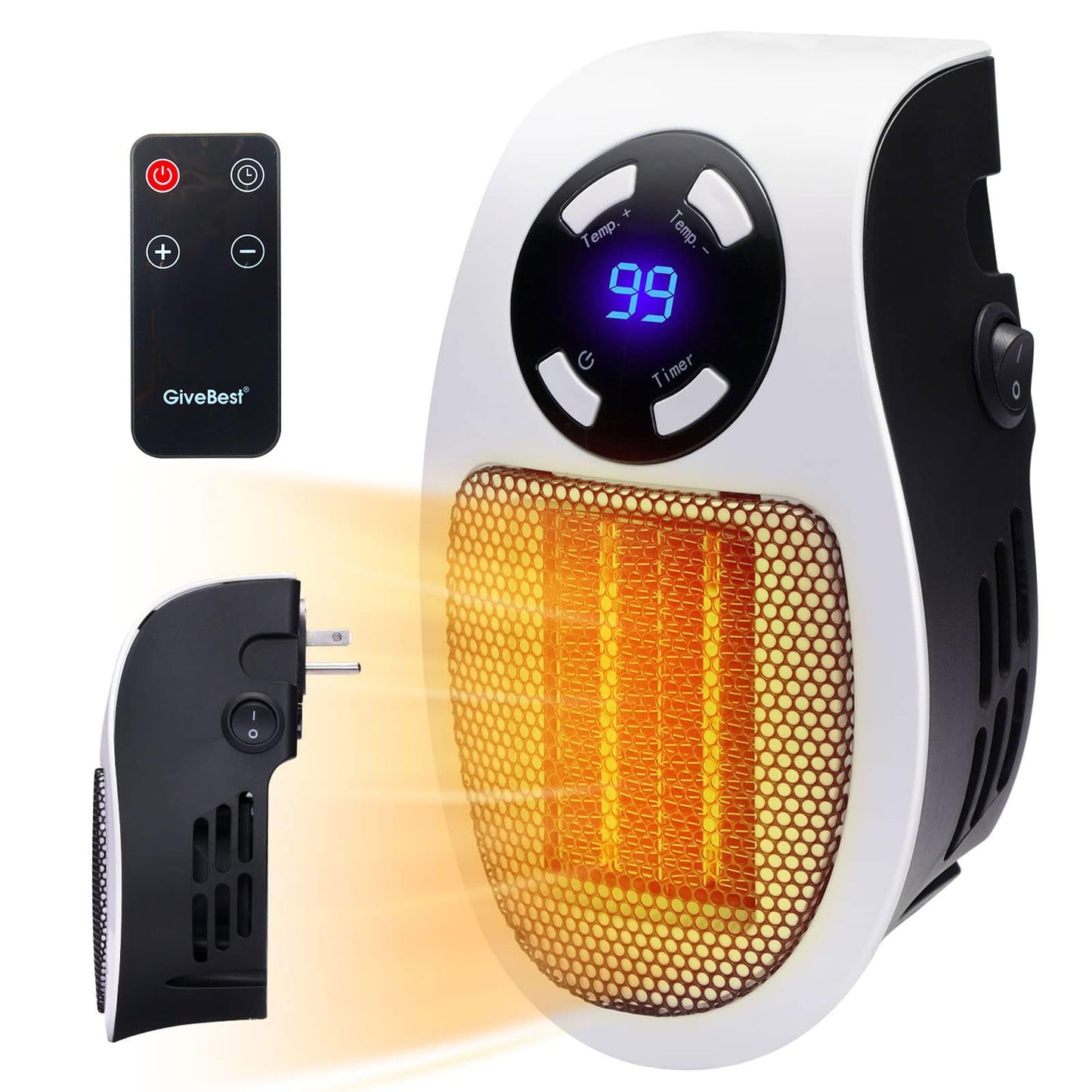 Compact GiveBest space heater with LED display and remote, ideal for home and office use, 450-watt plug-in design.