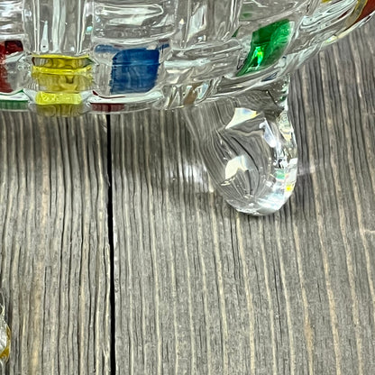 Colorful crystal candy jar with lid featuring vibrant glass detail, perfect for Christmas treats, 24 oz capacity.