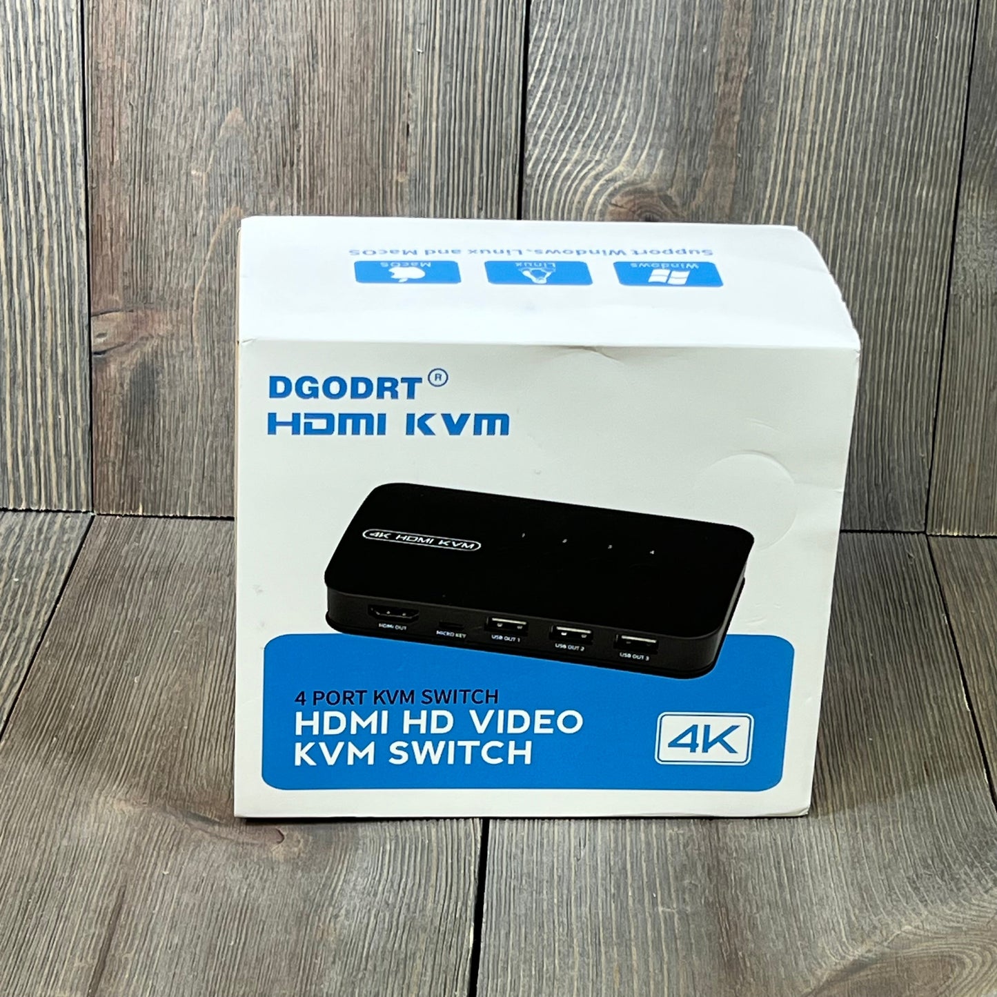 4K HDMI KVM Switch packaging displaying 4-port capability for sharing monitor and USB devices among 4 computers.