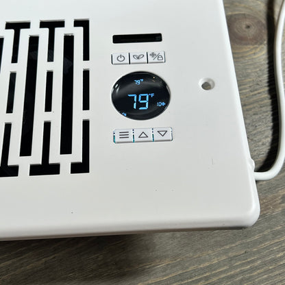 Digital display of Smart Register Booster Fan for 4" x 10" vents, showing temperature and control buttons.