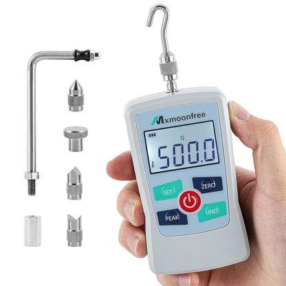 Mxmoonfree 500N digital force gauge with accessories, featuring LCD, auto power-off, ideal for schools and labs.