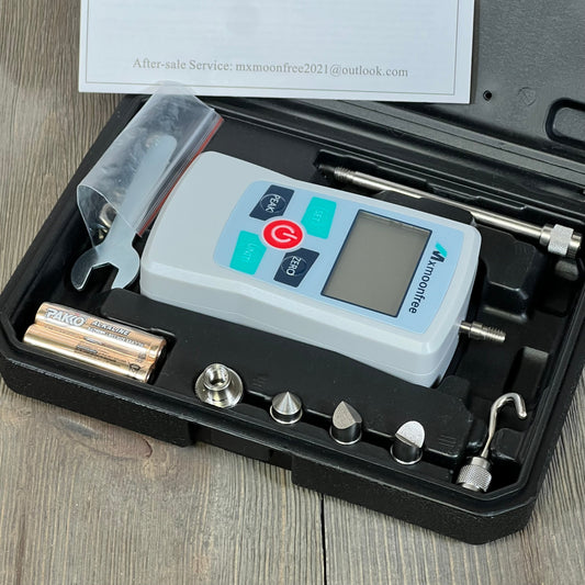 Mxmoonfree 500N Digital Force Gauge in storage case with LCD, batteries, and accessories for precise mechanical measurements.