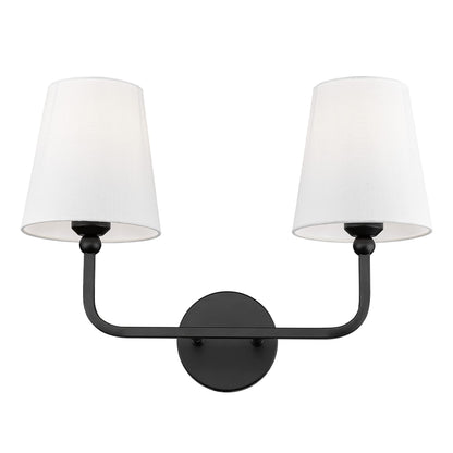 Modern matte black 2-light bathroom vanity fixture with flared white fabric shades, ideal for contemporary decor.