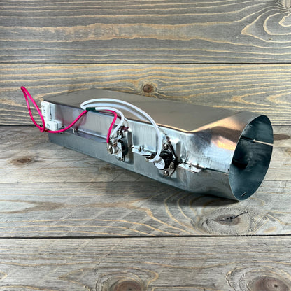 Dryer heating element 5301EL1001H for LG TROMM, showcasing three-prong thermostat and wiring on wooden surface.