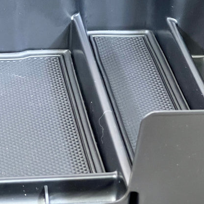 Black full-size center console organizer with textured compartments for Chevy Silverado 1500/GMC Sierra 1500 (2019-2022).