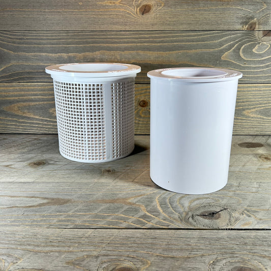 Dual view of 2024 HD replacement pool skimmer basket for Pentair, showcasing mesh design and solid cylinder component.