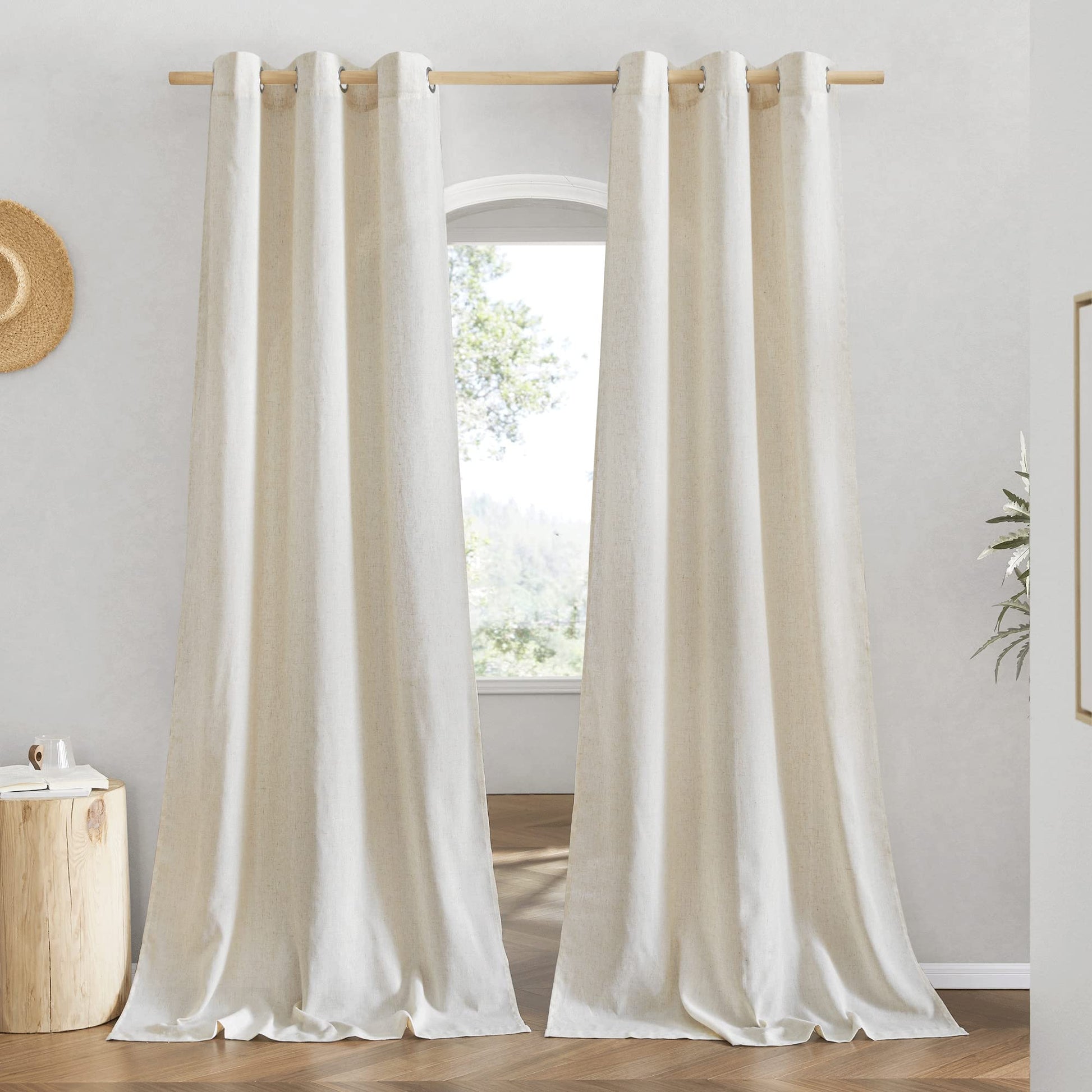 Boho-chic linen curtains with grommets, 84-inch-long, semi-sheer natural drapes for bedroom or living room elegance.