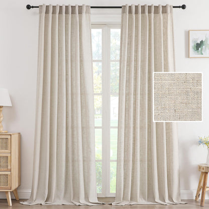Linen curtains 96-inch length in neutral tones, featuring rod pocket and back tab design for farmhouse and office decor.