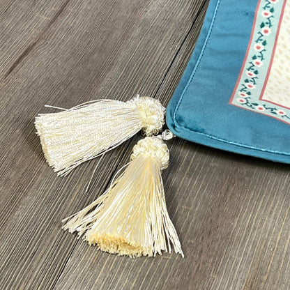 Beige pink floral velvet table runner with elegant tassels, perfect for dining decor, 102 inches long.