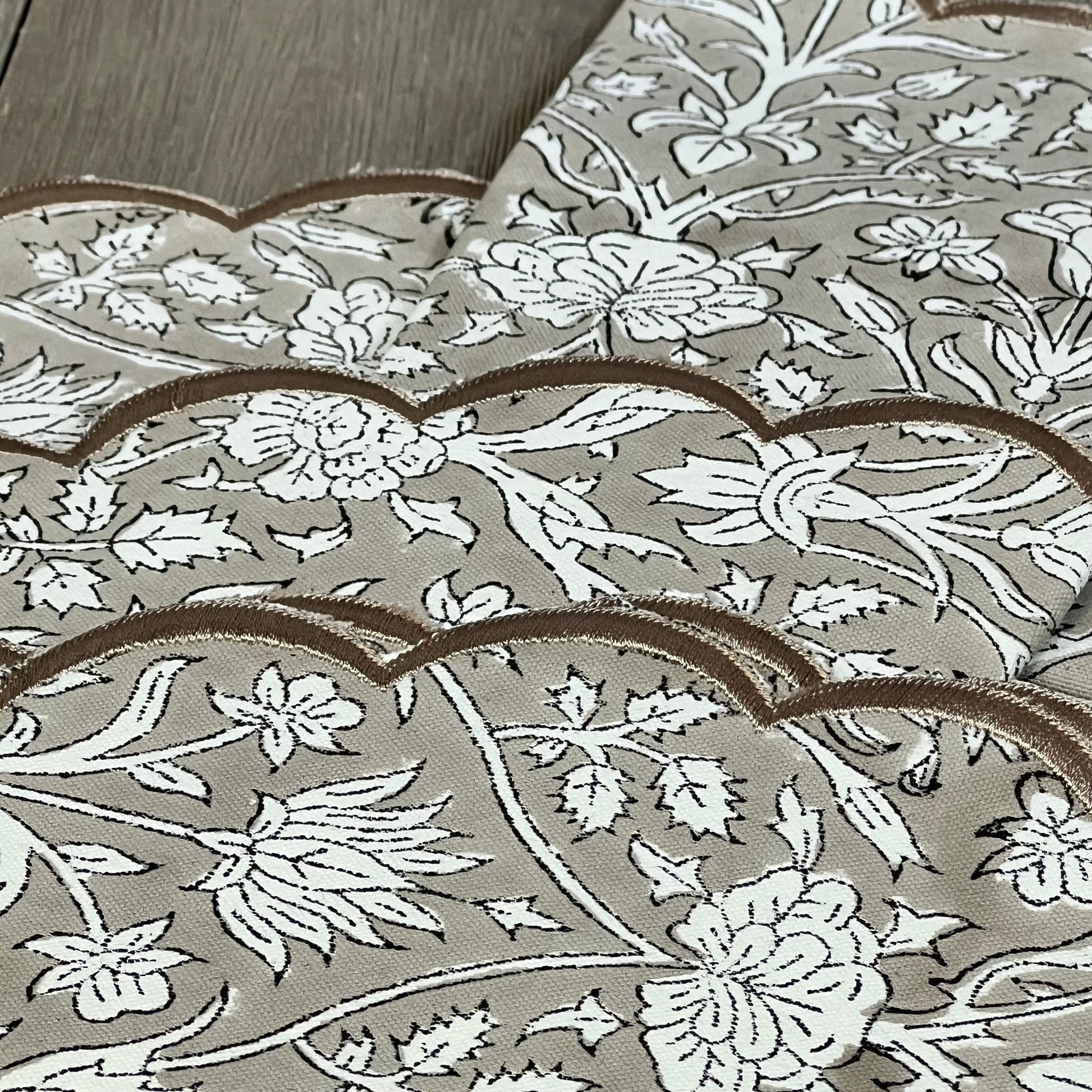 Boho round placemats with taupe floral embroidery, 15" cotton, washable, perfect for Easter decor, pack of 4.