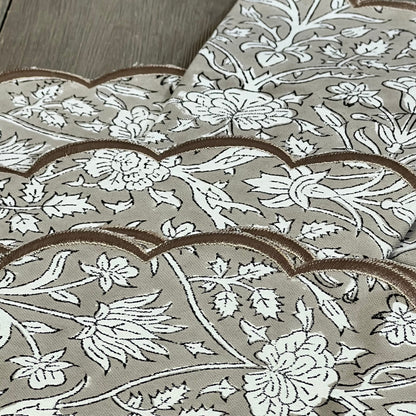 Boho round placemats with taupe floral embroidery, 15" cotton, washable, perfect for Easter decor, pack of 4.