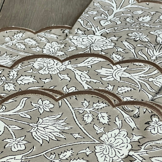 Boho round placemats with taupe floral embroidery, 15" cotton, washable, perfect for Easter decor, pack of 4.