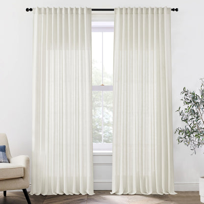 Cream extra wide linen curtains, pleated back tab, semi sheer, 70 inches wide, perfect for living room sliding glass doors.