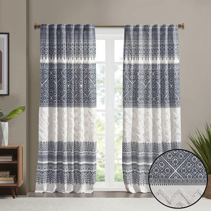 Boho navy and white cotton curtain with tufted chenille design, perfect for privacy in bedrooms and living rooms.