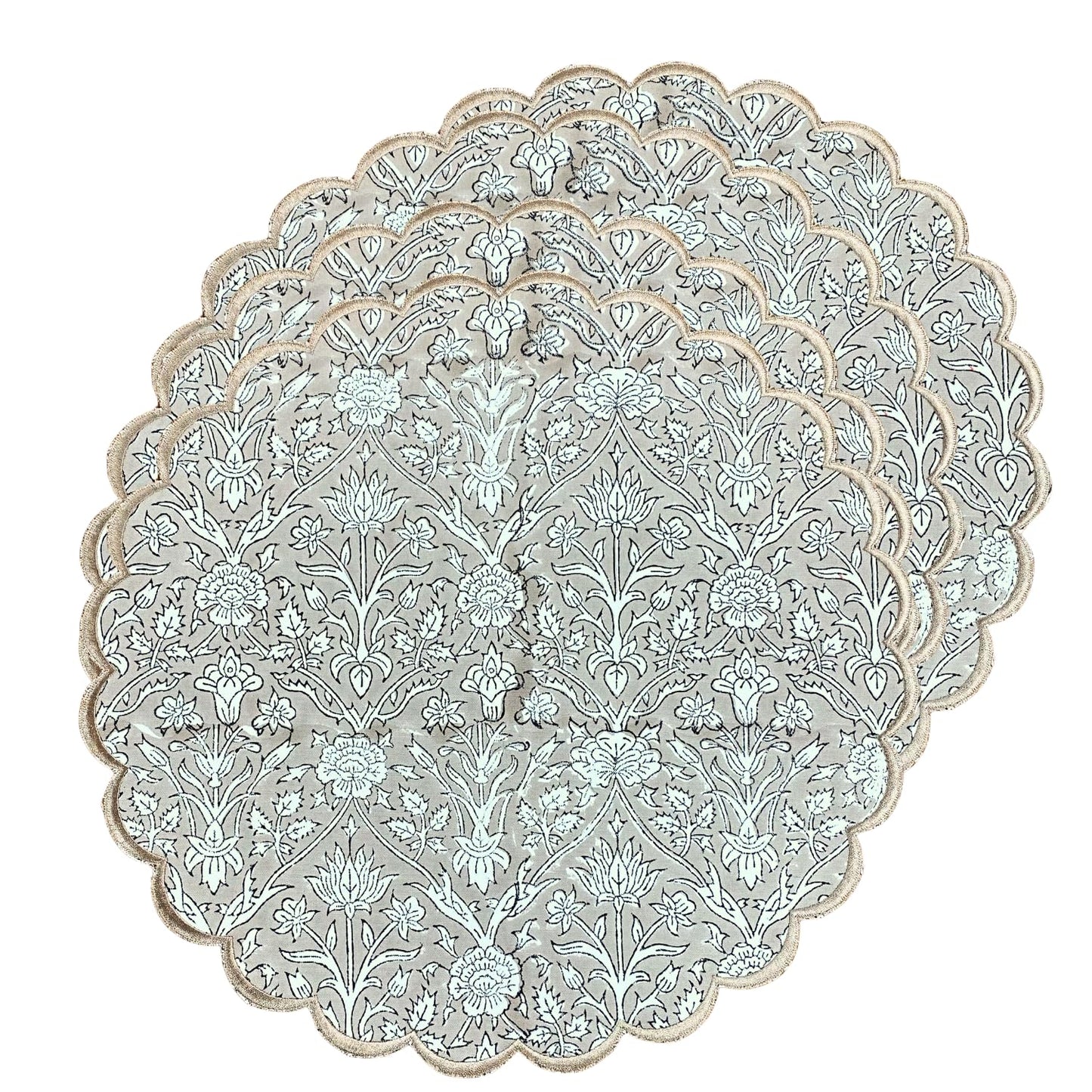 Boho round placemats with taupe floral embroidery, 15" cotton, pack of 4, perfect for Easter table decor.