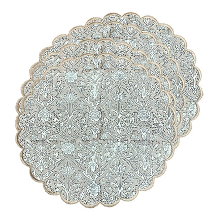 Boho round placemats with taupe floral embroidery, 15" cotton, pack of 4, perfect for Easter table decor.