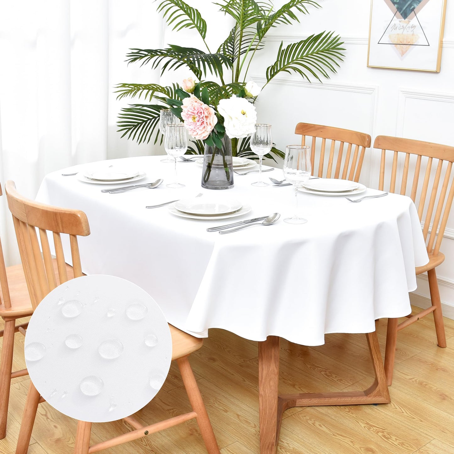 Rustic faux linen oval tablecloth on dining table, waterproof and washable, perfect for indoor and outdoor settings.