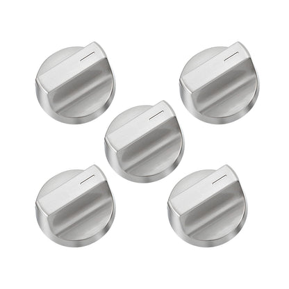 Five stainless steel replacement stove knobs for Whirlpool gas range, durable and sleek design.