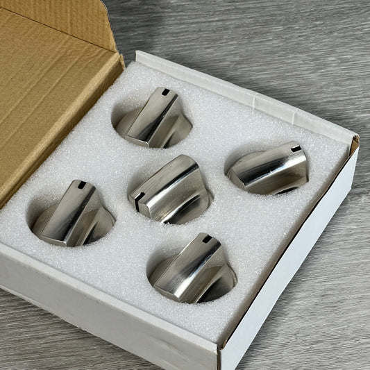 Five stainless steel stove knobs in foam packaging, compatible with GE models, displayed in an open box.
