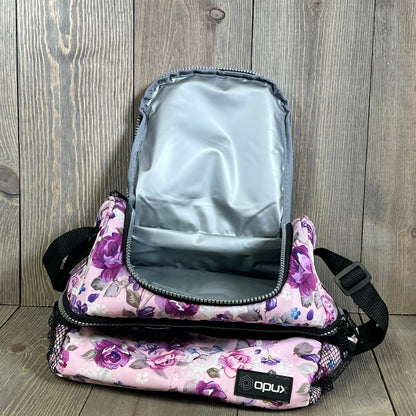 Floral purple Opux lunch box with large dual compartments, open to show insulated interior, ideal for women.