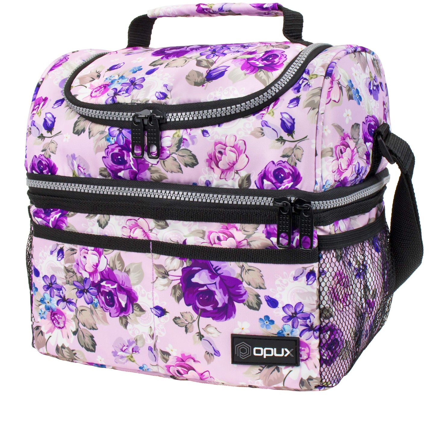 Floral purple Opux lunch box for women with dual compartments, 10x7.5x10 inches, perfect for stylish meal storage.