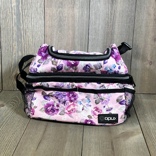 Floral purple Opux lunch box with dual compartments, designed for women, featuring insulated storage and a stylish pattern.